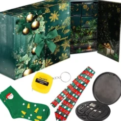 Adventskalender för män 24 gåvor, grön/guld 33x29x9 cm