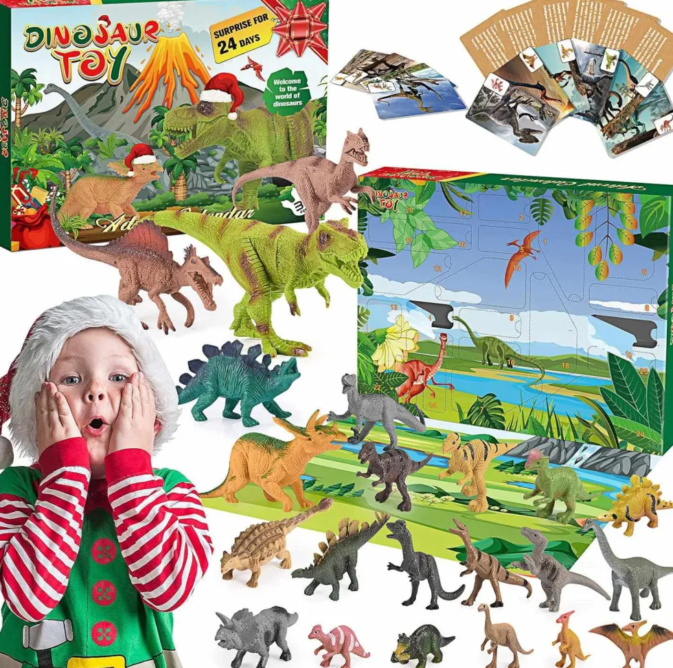 Adventskalender 2026 – Julkalender med dinosaurieöverraskningsfigurer och spelkort