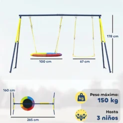 Babygunga med justerbara rep, stålram, 150 kg lastkapacitet, för 3 barn i åldrarna 3-8, flerfärgad