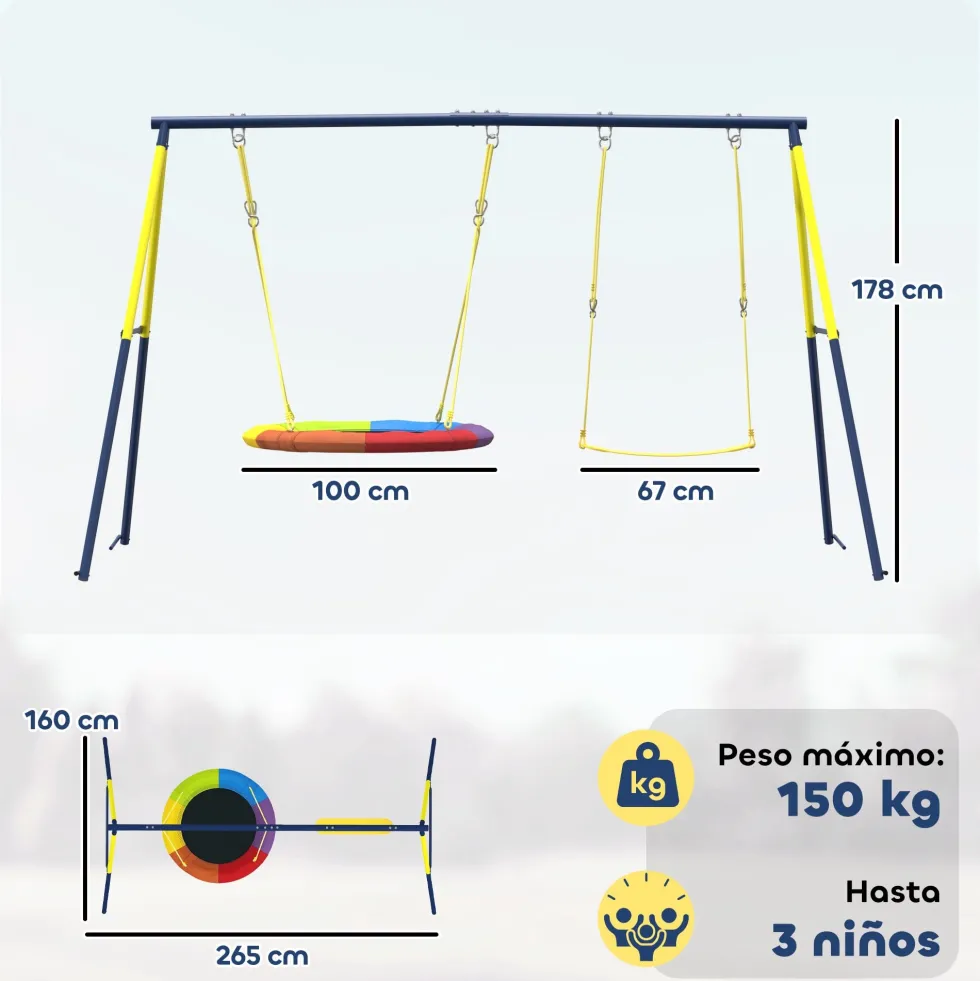 Babygunga med justerbara rep, stålram, 150 kg lastkapacitet, för 3 barn i åldrarna 3-8, flerfärgad