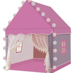 Barnleketøy husform rosa/grå 130x100x120 cm med LED-ljusslinga 3 m