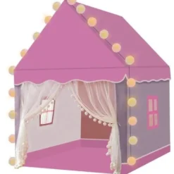 Barnleketøy husform rosa/grå 130x100x120 cm med LED-ljusslinga 3 m