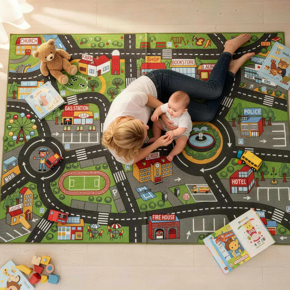 Barnlekmatta City Road 200x150 cm halkfri pedagogisk matta för krypande och billek