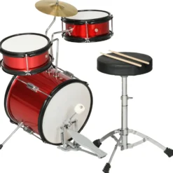 Barntrumset för åldrarna 3+ med justerbar pall, trummor, bastrumma, cymbal, pedal och trumstockar, 80x60x48-65 cm, röd