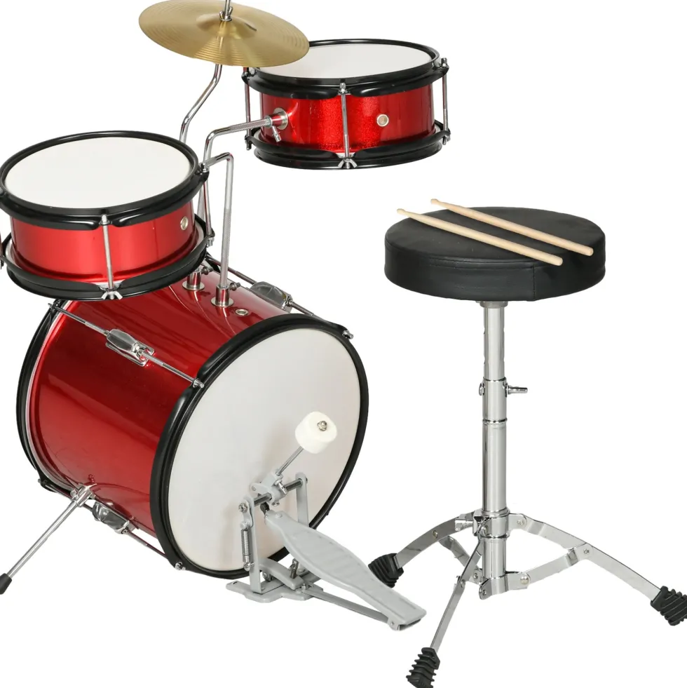 Barntrumset för åldrarna 3+ med justerbar pall, trummor, bastrumma, cymbal, pedal och trumstockar, 80x60x48-65 cm, röd