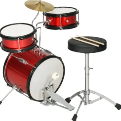 Barntrumset för åldrarna 3+ med justerbar pall, trummor, bastrumma, cymbal, pedal och trumstockar, 80x60x48-65 cm, röd
