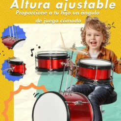 Barntrumset för åldrarna 3+ med justerbar pall, trummor, bastrumma, cymbal, pedal och trumstockar, 80x60x48-65 cm, röd