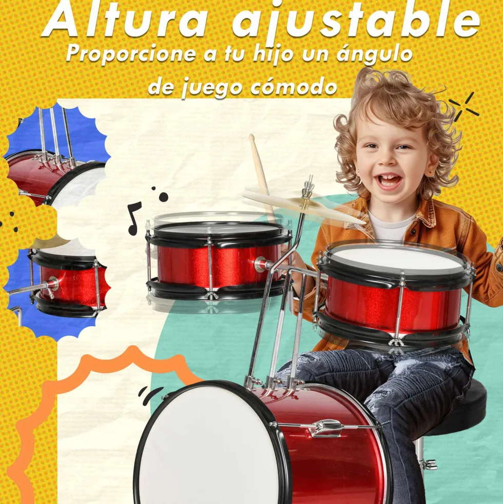 Barntrumset för åldrarna 3+ med justerbar pall, trummor, bastrumma, cymbal, pedal och trumstockar, 80x60x48-65 cm, röd