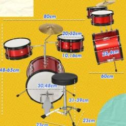 Barntrumset för åldrarna 3+ med justerbar pall, trummor, bastrumma, cymbal, pedal och trumstockar, 80x60x48-65 cm, röd