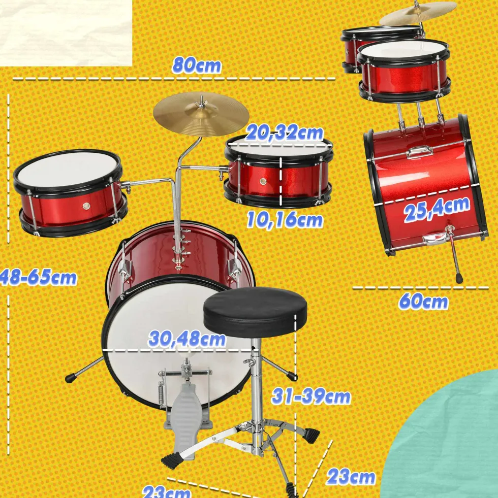Barntrumset för åldrarna 3+ med justerbar pall, trummor, bastrumma, cymbal, pedal och trumstockar, 80x60x48-65 cm, röd