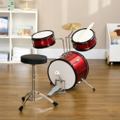 Barntrumset för åldrarna 3+ med justerbar pall, trummor, bastrumma, cymbal, pedal och trumstockar, 80x60x48-65 cm, röd