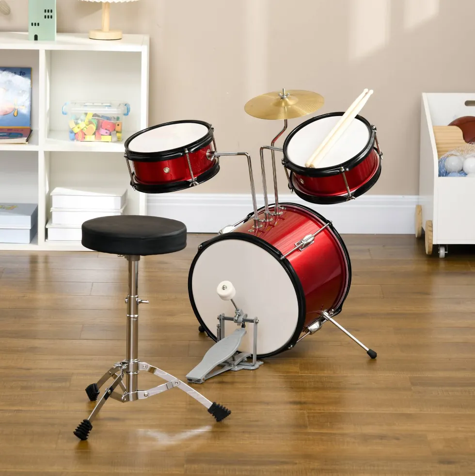 Barntrumset för åldrarna 3+ med justerbar pall, trummor, bastrumma, cymbal, pedal och trumstockar, 80x60x48-65 cm, röd