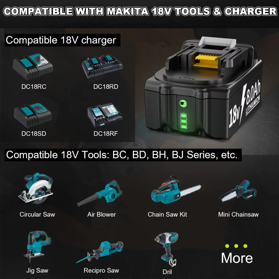 Batteri kompatibelt med Makita 18V 8000mAh + laddare – 4-pack -Ersättning för BL1860B BL1850B BL1840B BL1830B BL1815B