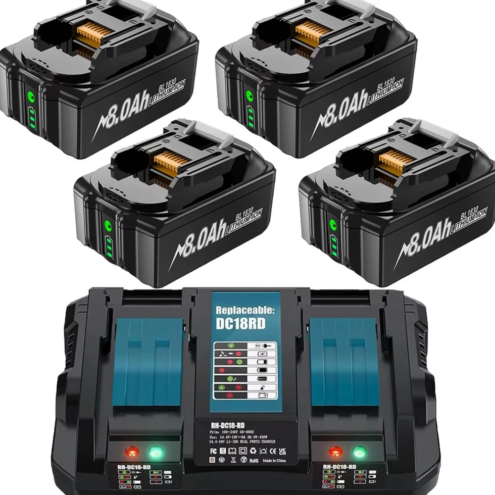 Batteri kompatibelt med Makita 18V 8000mAh + laddare – 4-pack -Ersättning för BL1860B BL1850B BL1840B BL1830B BL1815B