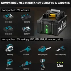 Batteri kompatibelt med Makita 18V 8000mAh + laddare – 2-pack – ersättning för BL1860B BL1850B BL1840B BL1830B BL1815B