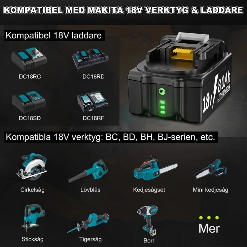Batteri kompatibelt med Makita 18V 8000mAh + laddare – 2-pack – ersättning för BL1860B BL1850B BL1840B BL1830B BL1815B