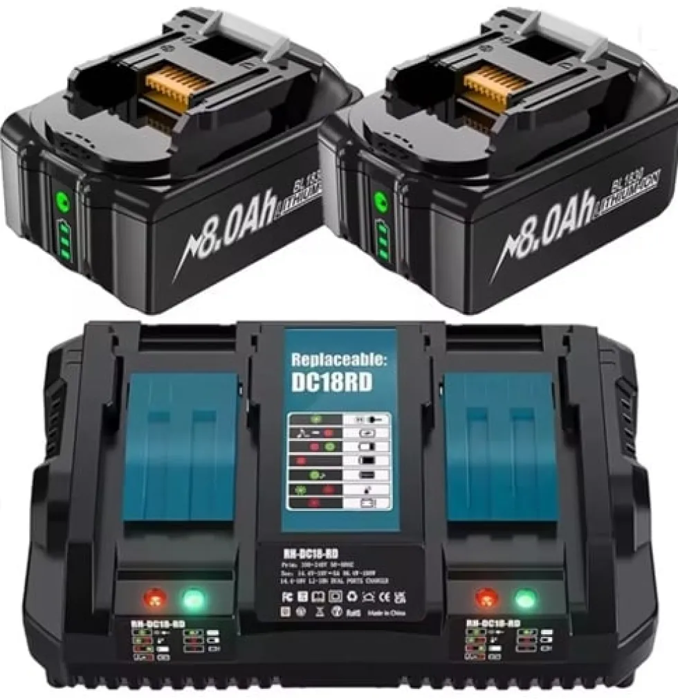 Batteri kompatibelt med Makita 18V 8000mAh + laddare – 2-pack – ersättning för BL1860B BL1850B BL1840B BL1830B BL1815B