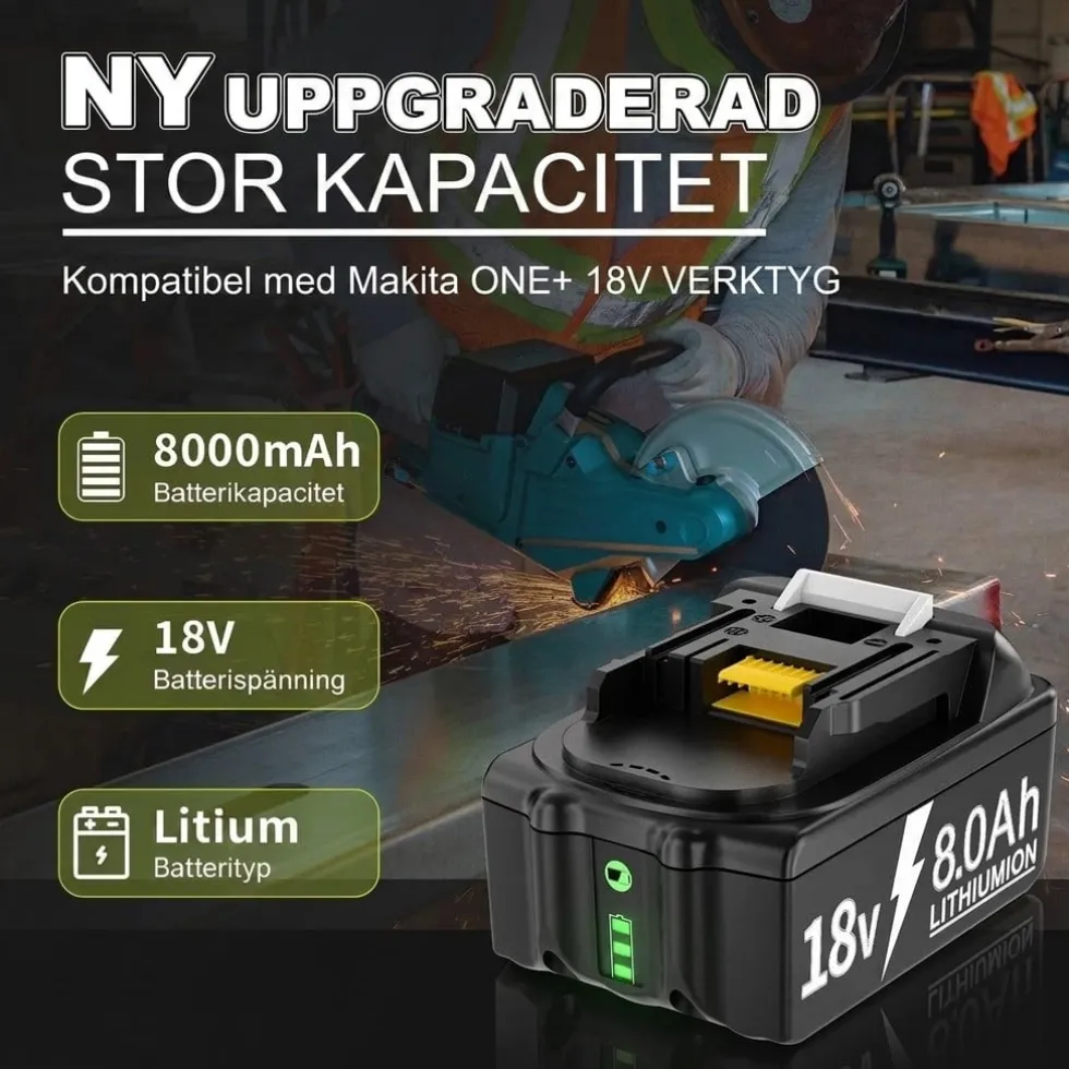 Batteri kompatibelt med Makita 18V 8000mAh + laddare – 2-pack – ersättning för BL1860B BL1850B BL1840B BL1830B BL1815B