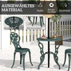 Bistroset, trädgårdsset för 2 personer, balkongmöbler, gjuten aluminium, antikgrön