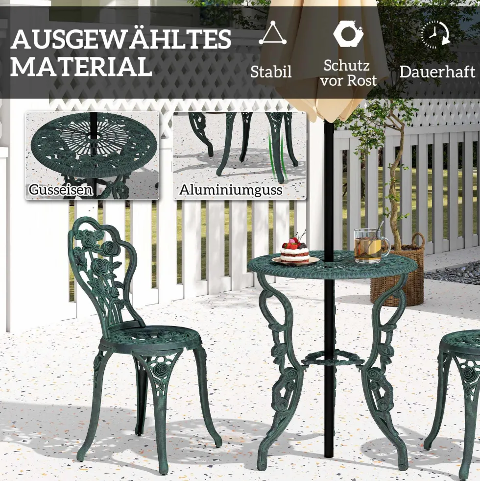 Bistroset, trädgårdsset för 2 personer, balkongmöbler, gjuten aluminium, antikgrön