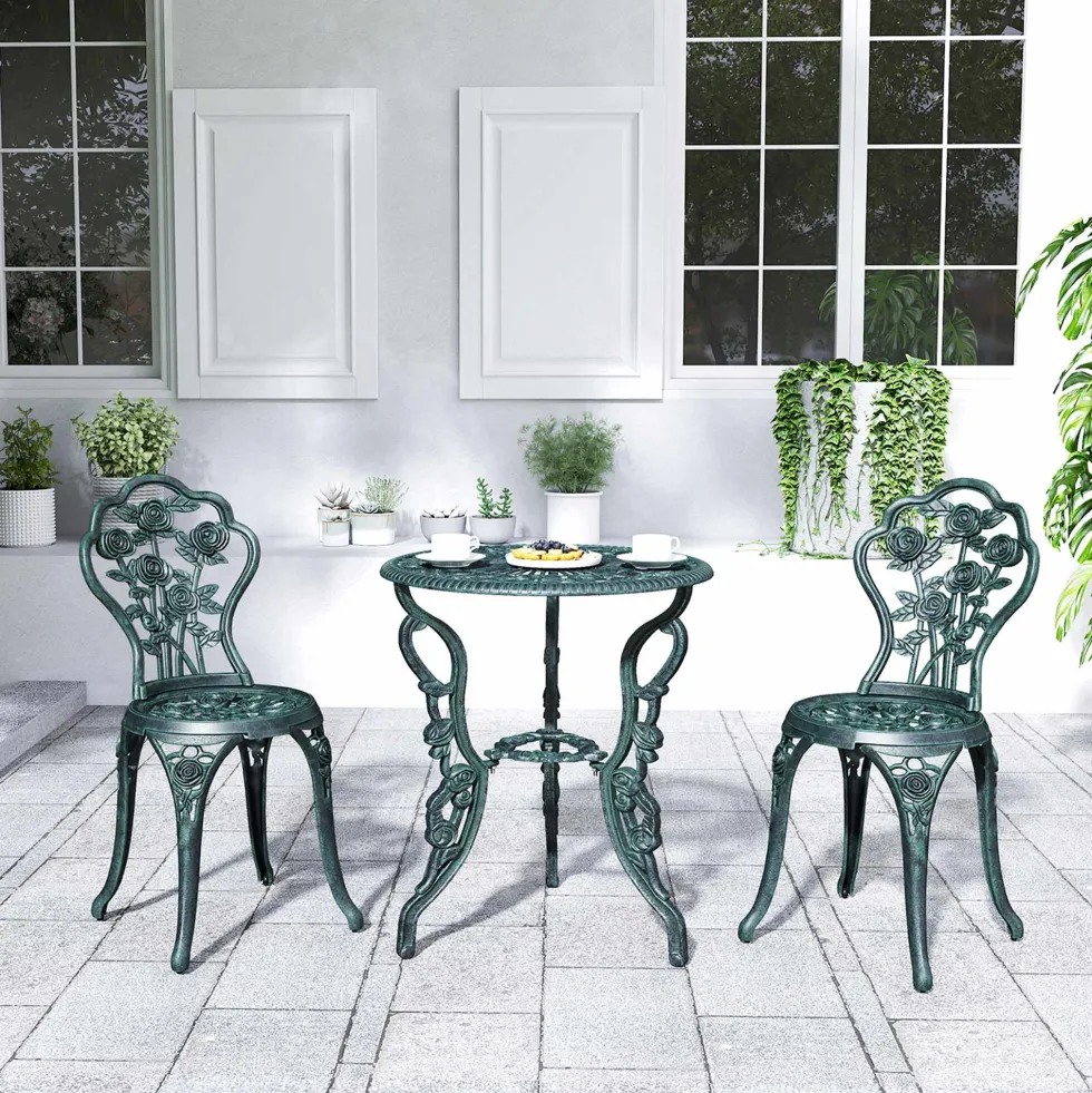 Bistroset, trädgårdsset för 2 personer, balkongmöbler, gjuten aluminium, antikgrön