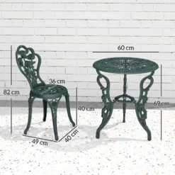 Bistroset, trädgårdsset för 2 personer, balkongmöbler, gjuten aluminium, antikgrön