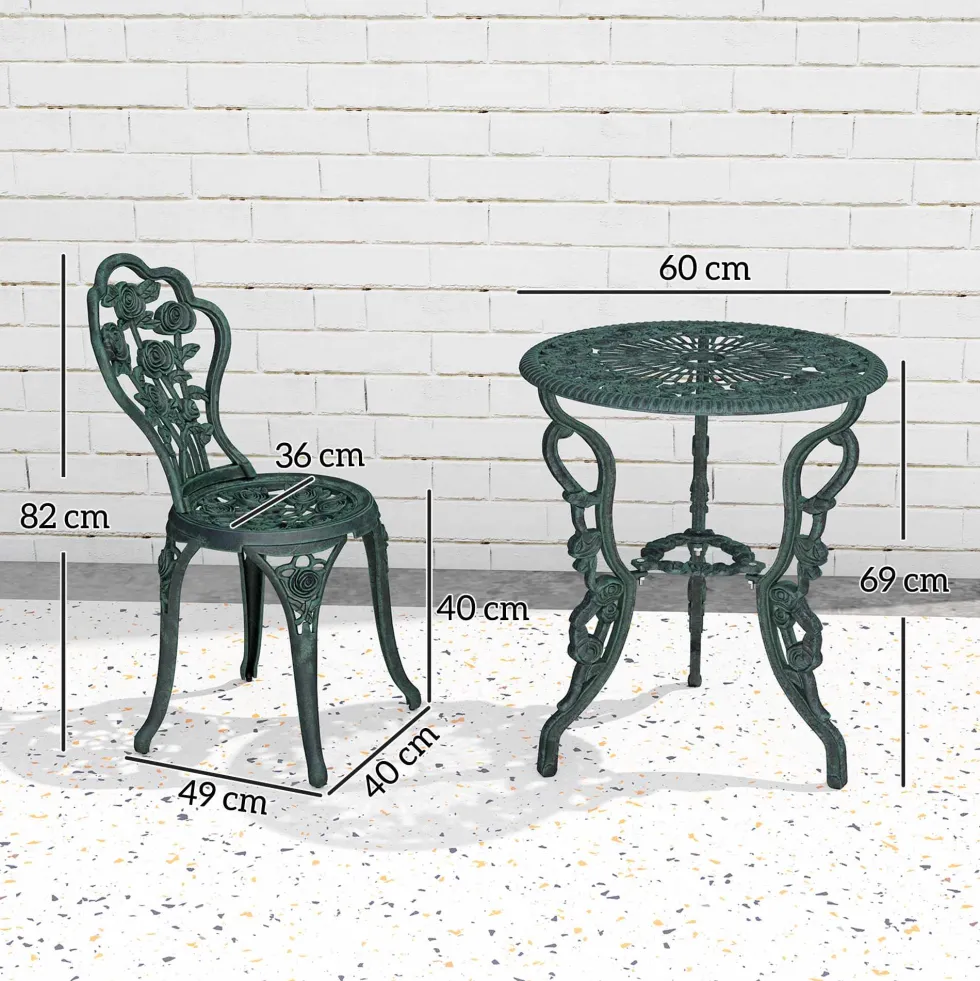 Bistroset, trädgårdsset för 2 personer, balkongmöbler, gjuten aluminium, antikgrön