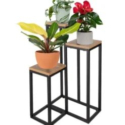 Blomsterställ 3 nivåer metall/MDF 67 cm svart 15 kg per hylla
