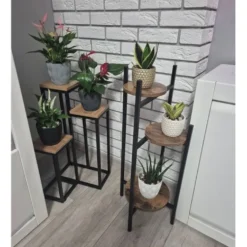Blomsterställ 3 nivåer metall/MDF 81x27x27 cm svart/brun