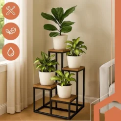 Blomsterställ växtställ 4 hyllor 69 cm MDF/järn svart/trä