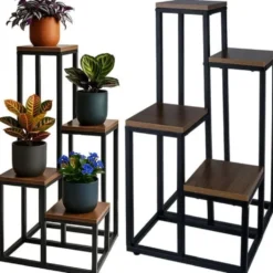 Blomsterställ växtställ 4 hyllor 69 cm MDF/järn svart/trä