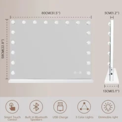 Bluetooth Hollywood spegel med belysning, 18 dimmer-LED-lampor, sminkspegel