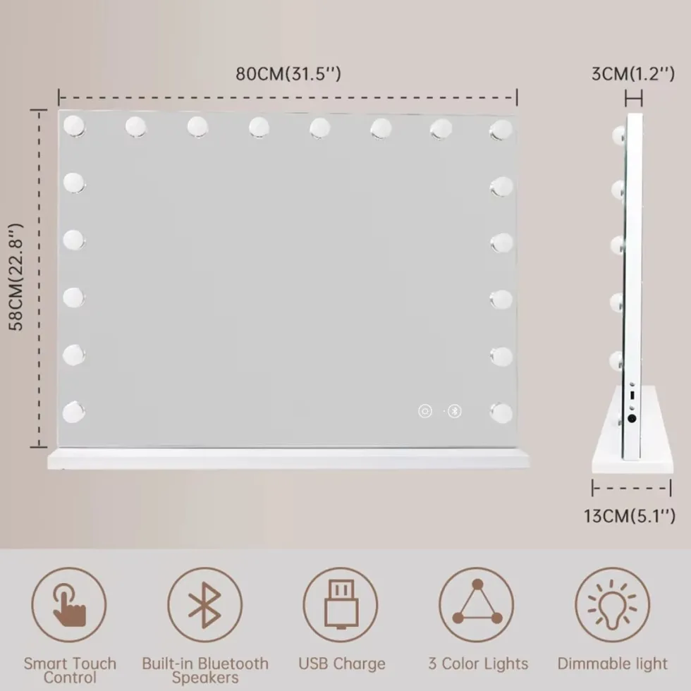 Bluetooth Hollywood spegel med belysning, 18 dimmer-LED-lampor, sminkspegel