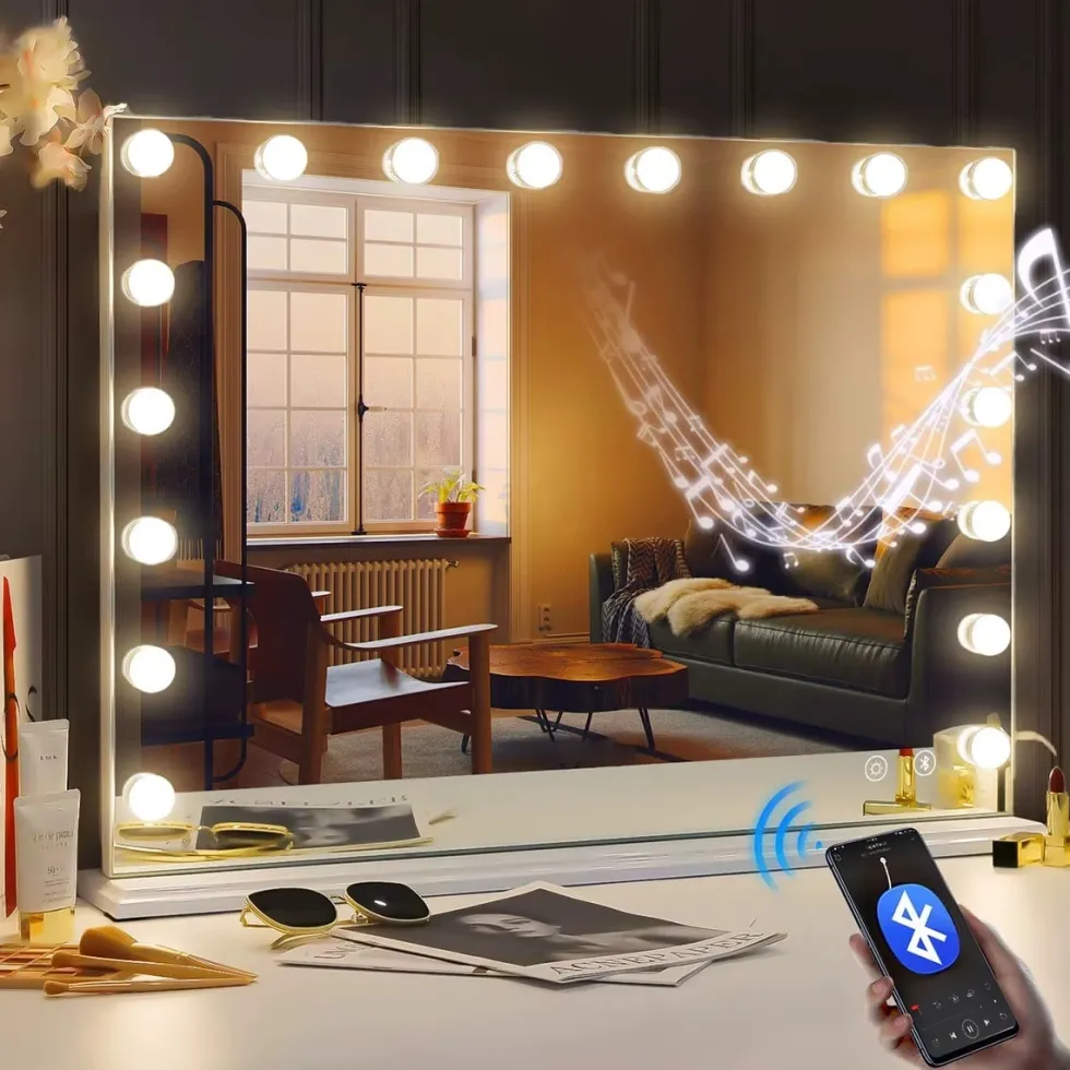 Bluetooth Hollywood spegel med belysning, 18 dimmer-LED-lampor, sminkspegel