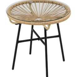 Boho trädgårdsbord 50x50x50 cm, PE-rotting, härdat glas, väderbeständigt, beige