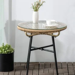 Boho trädgårdsbord 50x50x50 cm, PE-rotting, härdat glas, väderbeständigt, beige