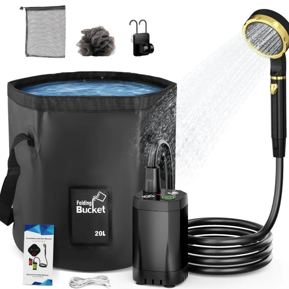 Bärbar campingdusch 7800mAh med 20L vattenpåse - Uppladdningsbar pump för friluftsliv - Hopfällbar och lätt att packa - För resa och trädgård