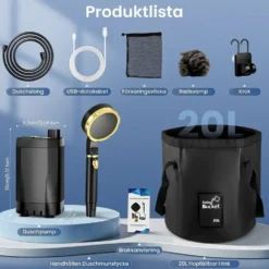 Bärbar campingdusch 7800mAh med 20L vattenpåse - Uppladdningsbar pump för friluftsliv - Hopfällbar och lätt att packa - För resa och trädgård