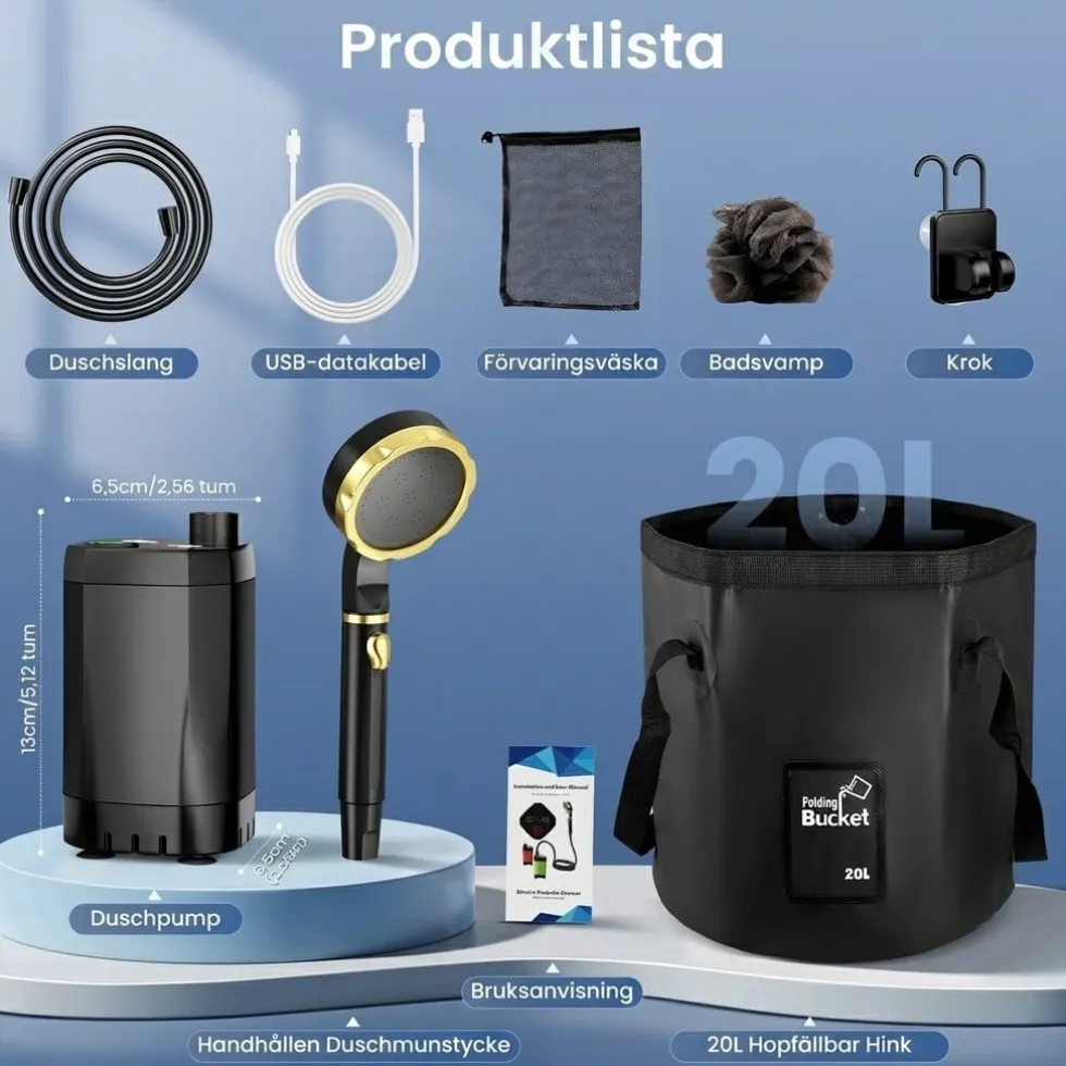 Bärbar campingdusch 7800mAh med 20L vattenpåse - Uppladdningsbar pump för friluftsliv - Hopfällbar och lätt att packa - För resa och trädgård