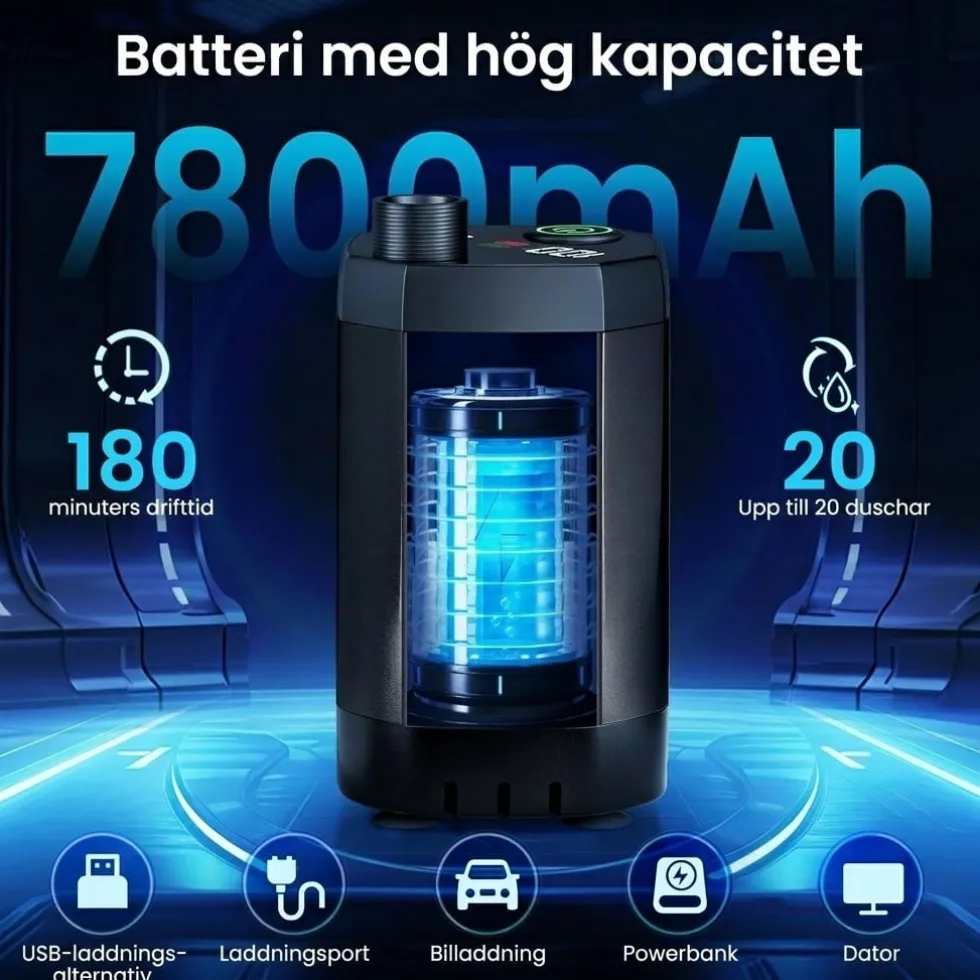 Bärbar campingdusch 7800mAh med 20L vattenpåse - Uppladdningsbar pump för friluftsliv - Hopfällbar och lätt att packa - För resa och trädgård