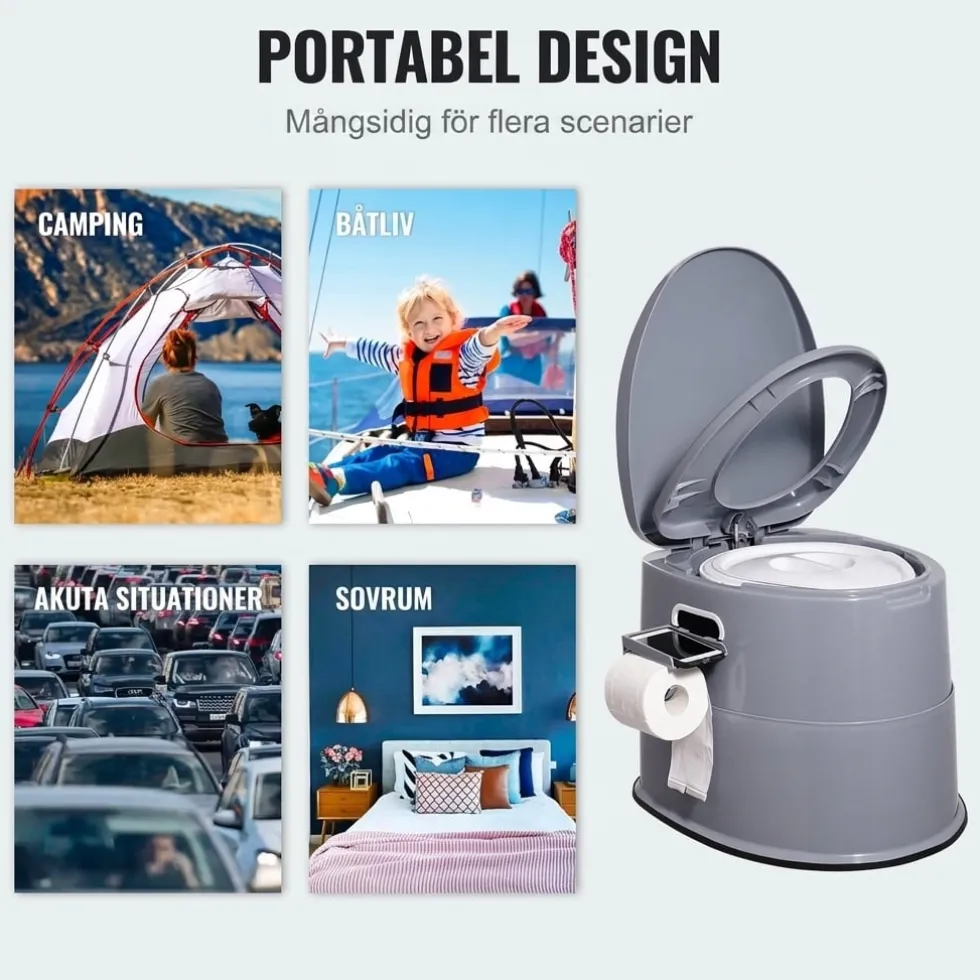 Bärbar camping- och restoalett 1,3 gal - Löstagbar innerhink för enkel tömning - Avtagbar pappershållare - För husbil, camping och långa bilresor