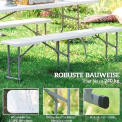 Campingbänk, plast, 240 kg lastkapacitet, vit, utomhusbänk