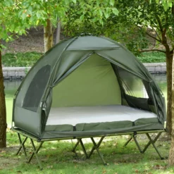 Campingtält för 2 personer med tältsäng och luftmadrass, grönt set