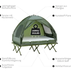 Campingtält för 2 personer med tältsäng och luftmadrass, grönt set