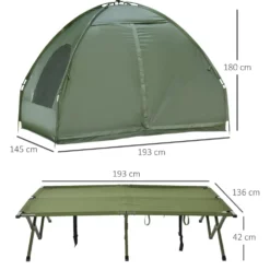 Campingtält för 2 personer med tältsäng och luftmadrass, grönt set