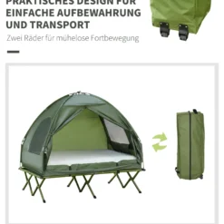 Campingtält för 2 personer med tältsäng och luftmadrass, grönt set