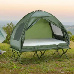 Campingtält för 2 personer med tältsäng och luftmadrass, grönt set