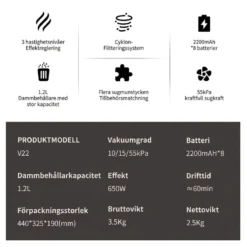 COTAR V22 650W 55000PA Sladdlös Dammsugare Handhållen 5-i-1 Städtillbehör LED-skärm Avtagbart Batteri 60 min Drifttid