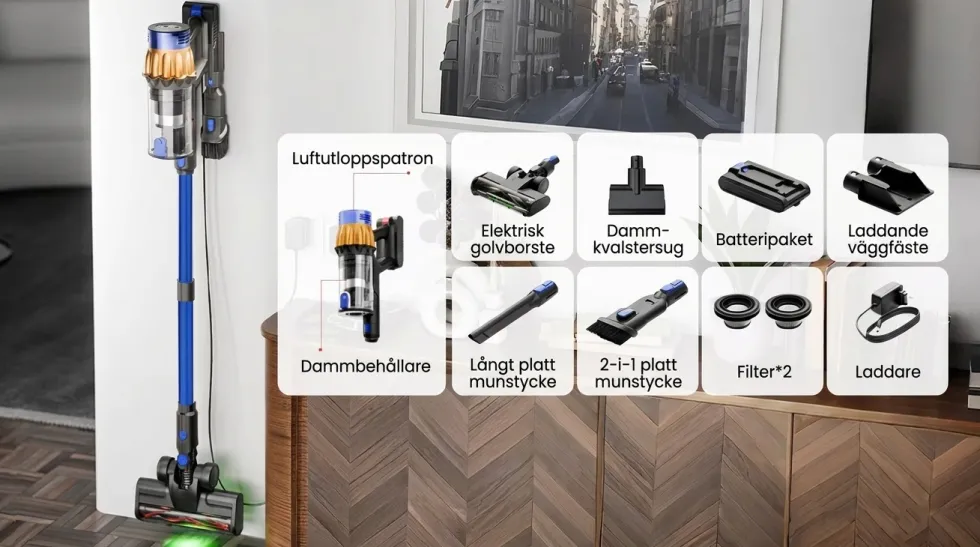 COTAR V22 650W 55000PA Sladdlös Dammsugare Handhållen 5-i-1 Städtillbehör LED-skärm Avtagbart Batteri 60 min Drifttid