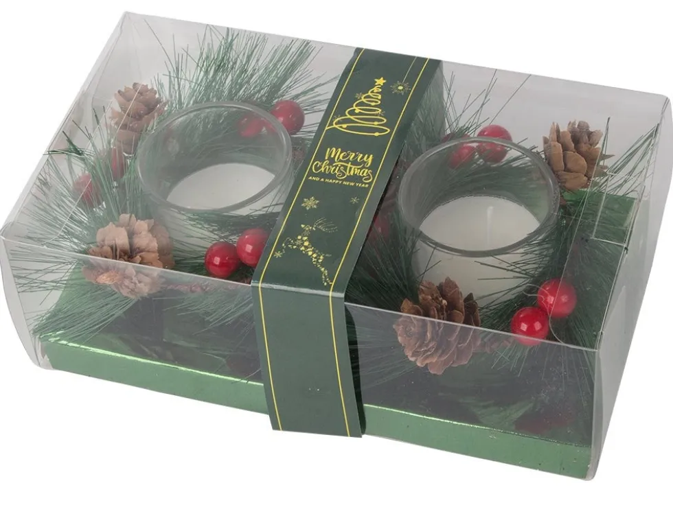 Dekorationsljus i glas med julkransmotiv 2-pack 6x5 cm